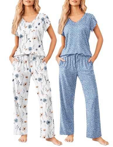 Image of Ekouaer 2 Pack Womens Pajamas Short Sleeve Sleepwear Top with Pants Super-Soft Printed Lounge Sets S-XXL