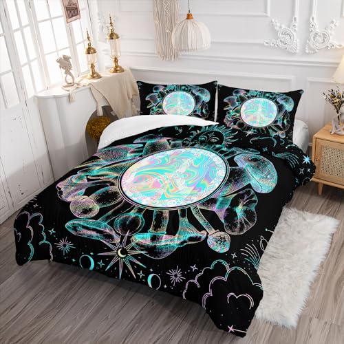 Image of AILONEN Mushroom Comforter Set - Queen Size, 3D Neon Bedding Set, Sun and Moon Comforter Sets, Cartoon Mushroom Duvet Set - 3 Pieces, 1 Quilt and 2 Pillowcases