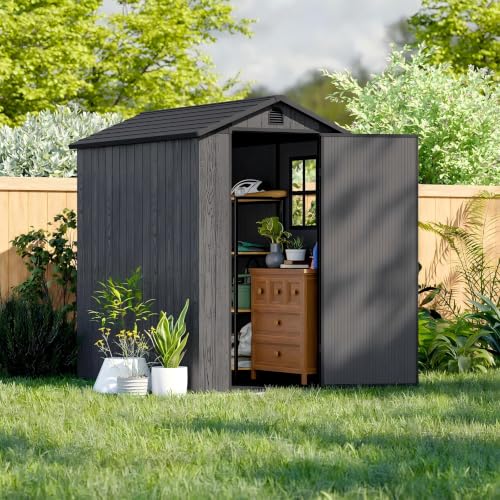 Image of Patiowell 4 x 6 Resin Storage Shed with Floor, Outdoor Plastic Garden Shed with Lockable Door & Window, Easy Assembly Tool Shed for Backyard, Dark Gray