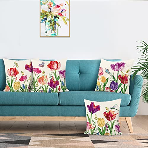 Bonhause Tulip Floral Cushion Covers 45 x 45 cm Colorful Flower Decorative Throw Pillow Covers for Sofa Bed Home Garden Outdoor Spring Summer Decor Set of 4 - Image 3
