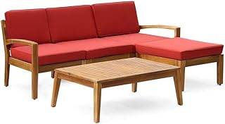 Christopher Knight Home Grenada Sectional Sofa Set | 5-Piece 3-Seater | Includes Coffee Table and Ottoman | Acacia Wood Frame | Water-Resistant Cushions | Teak and Red, Finish