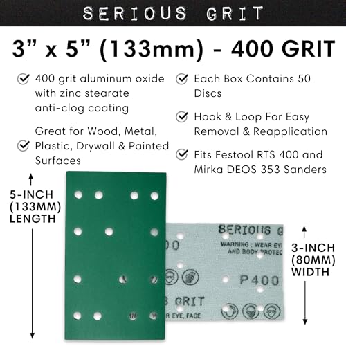 Image of Serious Grit - 3 inch x 5 inch (80x133mm) 14-Hole P400 Grit Sandpaper - 50 Pack Box | Fits Festool RTS 400 & Mirka DEOS 353 - Heavy-Duty Hook & Loop Wet /Dry Film Sanding Sheets for Doors, Cabinetry, Paint, etc