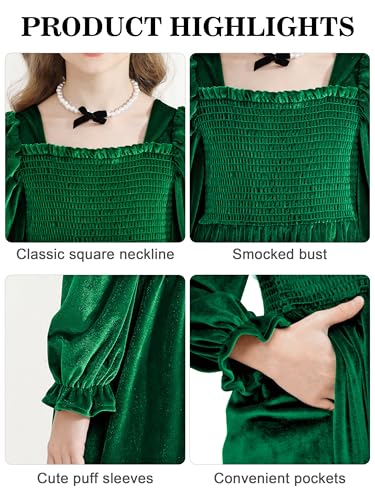 Girls Velvet Christmas Dress Puff Long Sleeve Fall Winter Holiday Party Dress with Pockets for Toddler Kids 4-13Y3