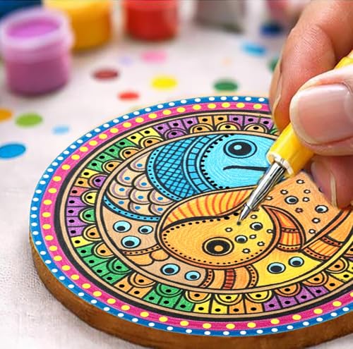 Image of Mind Pilot Mandala Coaster Painting Kit for Kids & Adults | DIY Mandala Art & Craft Kit with Pre-Marked MDF Coasters, 12 Vibrant colours & Brushes | Creative Hobby Activity, Home Decor & Birthday Gift for Girls Boys