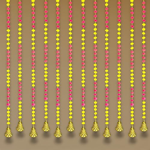 Image of iHandikart Decorative Pack of 6 Pink & Yellow Pom Pom Wall Hanging, 40 Inch Decorative Strings for Door, Balcony & Festival & Housewarming Decoration (RKH-223-6)