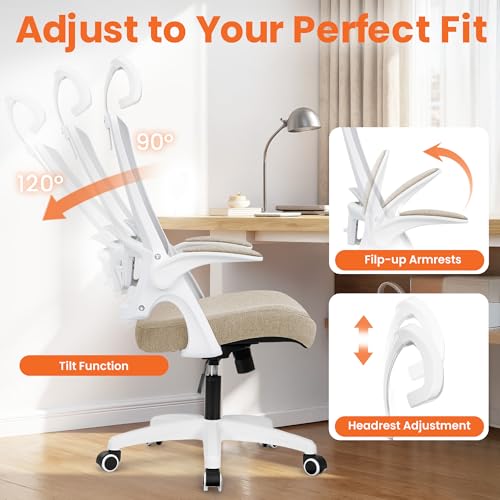 Image of NEO CHAIR Office Desk Chair Gaming Computer High Back Support Mesh Comfy Seat with Adjustable Ergonomic Headrest Lumbar Rolling Flip-up Armrests and Wheels (Beige)