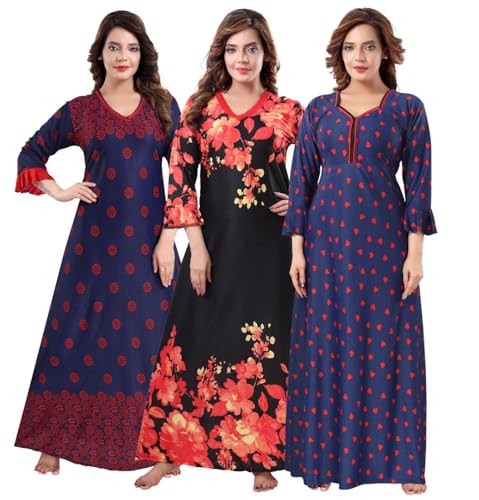 Image of Fabme Women's Crepe Printed Flare Nighty with Long Sleeves /Night Gown /Nightwear /Maxi - Value Combo