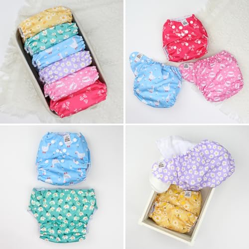 Image of Mama Koala 3.0 Cloth Diapers for Babies with AWJ Lining, 6 Pack with 6 5-Layer Natural Cloth Diaper Inserts - Reusable and Washable Pocket Diapers(A-Flower Romance)