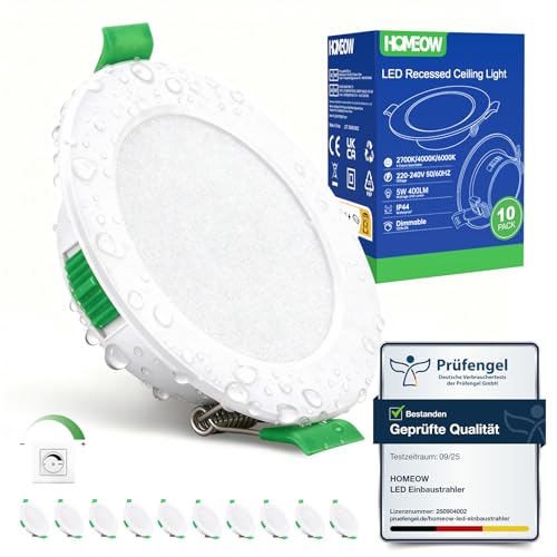 HOMEOW 10er Set LED Einbaustrahler 230V Dimmbar, Led Spots 68mm - 80mm Lochmaß, IP44 Einbaustrahler LED 5W 400LM Warmweiß Neutralweiß Kaltweiß, 24mm Ultra Flach Deckenspots für Badezimmer Küche