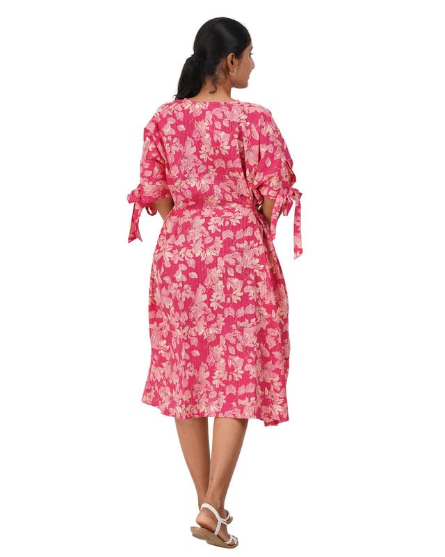 Image of MENMAII Oversized Cotton Full Button Dress for Women | Loose Fit with Fancy Sleeve Tie-Ups & Waist Tie-Up | Comfortable Casual Calf Length [Size : One Size fits Upto 3XL]
