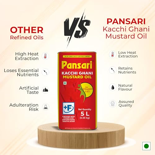 Image of Pansari Premium Kacchi Ghani Mustard Oil | Cold Pressed & Naturally Extracted | Fortified with Vitamin A & D | Rich in Omega 3 & 6 | Ideal for Cooking, Skin & Hair Care - 5L Tin
