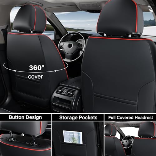 Image of Coverado Car Seat Covers Full Set, Black Redline Seat Covers for Cars, Waterproof Nappa Leather Automotive Seat Covers with Lumbar Head Pillow, Car Seat Protectors, Universal Fit for Most Cars SUV
