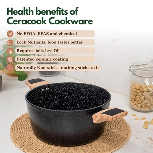 Image of Kreme Ceracook Ceramic Coated Granite Casserole 5.5Ltrs /26cm with Glass Lid, Stew Pot, Biriyani, Rice, ISI Certified, Forged Aluminium, Gas & Induction Use, PFAS & PTFE Free, 1 Yr Warranty, Black