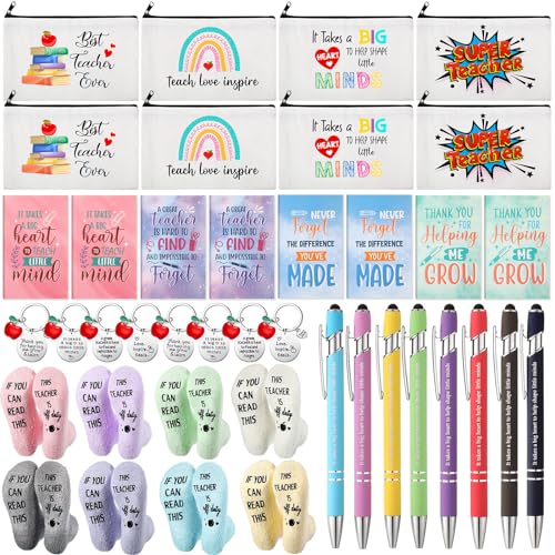 Fulmoon 40 Pcs End of Year Teacher Gifts Bulk Socks Makeup Bags Keychains Motivational Notebooks Ballpoints for Women Teacher Graduation Gifts