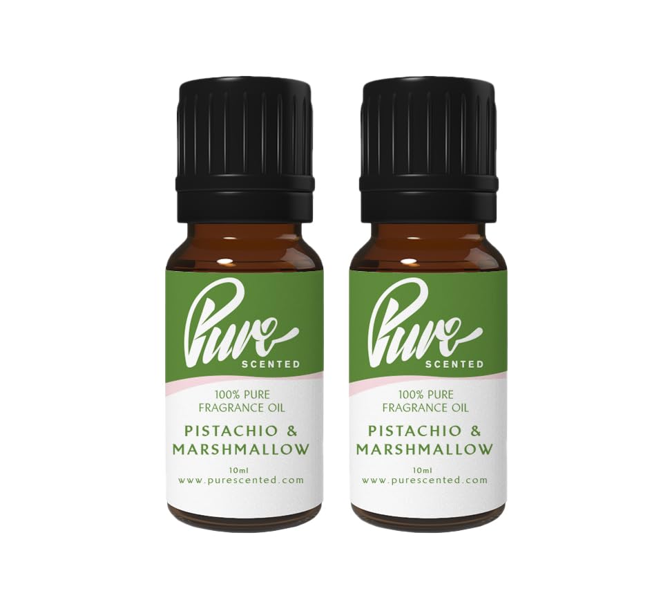 Pure Scented 20ml Fragrance Oils - 2 x 10ml Suitable for Candles, Soaps, Slime, Diffusers, Cosmetics, Wax Melts, Designer (2 x 10ml, Pistachio & Marshmallow)