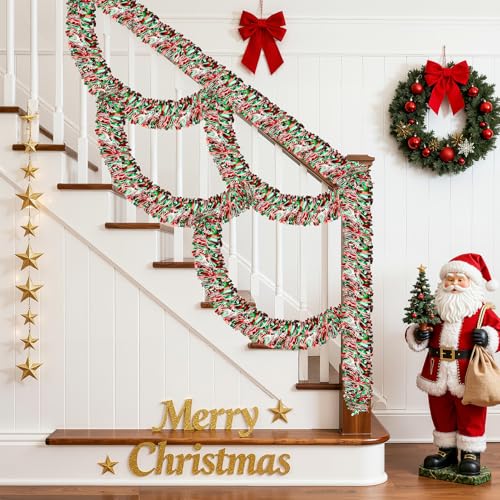 Image of 50FT Christmas Tinsel Garland, Red Green&White Metallic Twist Shiny Hanging Garland Ornaments for Christmas Tree, Party Supplies Thick Metallic Xmas Streamers
