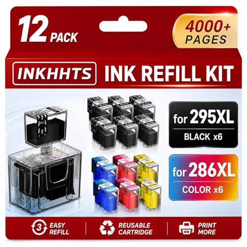 INKHHTS PG-295XL CL-286XL Ink Refill Kit Compatible for Canon PG-295 CL-286 PG-295XL CL-286XL 295XL 286XL Ink Cartridges Compatible with Pixma TS4320 TS6520 TR7120 Printers (12 Pack, 6BK/2C/2M/2Y)