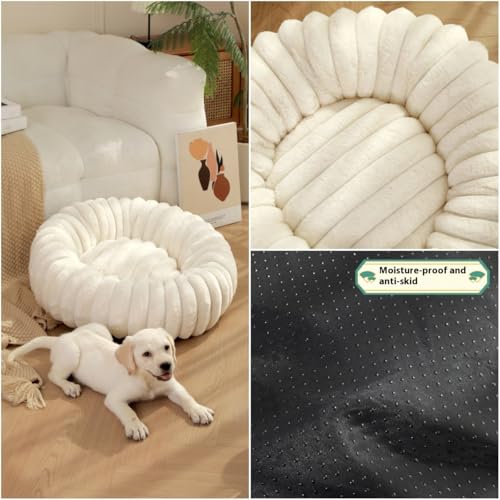 Donut Hundebett für kleine und mittelgroße Hunde, waschbares Kunstfell mit Cord-Fleece und rutschfester Unterseite, rundes Haustierbett mit abnehmbarem Bezug, Beige, L - 80 cm