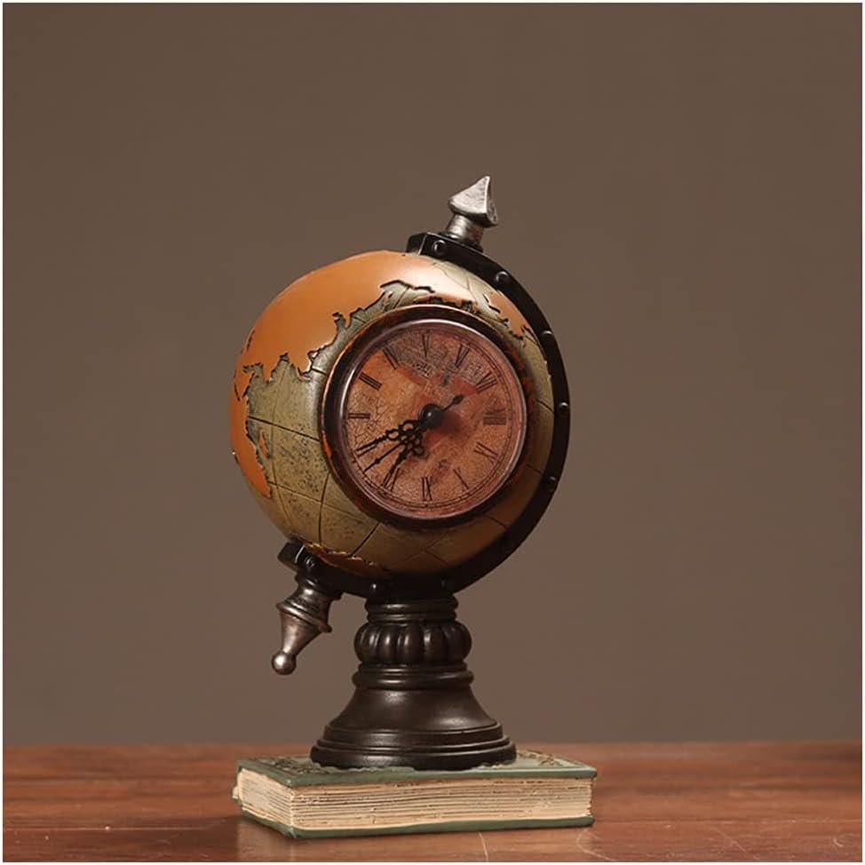 Retro Home Decor Furnishings Globe Shape Table Clock Living Room Tv Cabinet Decorative Office Desktop Ornaments(White-Dinosaur Doodle4)