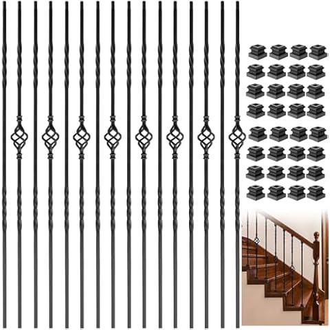 Vilstomes 16 Pack Wrought Iron Balusters, 44" Iron Balusters for Staircase, Satin Black Metal Stair Spindles Balusters for Staircase Interior W/Baluster Shoes (8 Double Twist +8 Single Basket) Cover
