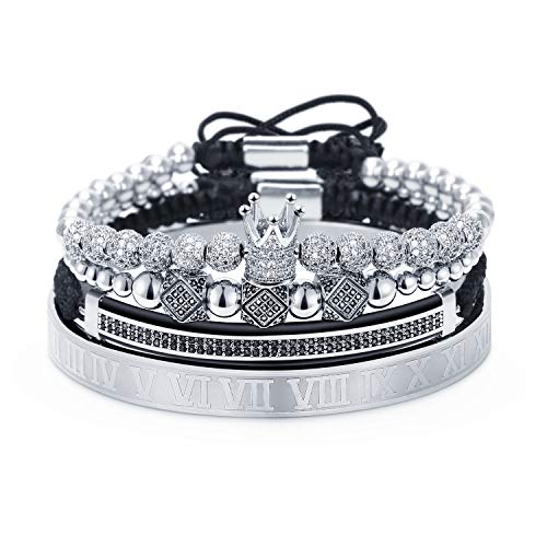 MollyQueen Imperial Crown King 18K Gold CZ Beads Bracelets Luxury Charm Fashion Bangle Royal Stacked Bracelet Set for Men Women With Luxury Box (00-4PCS - Silver)