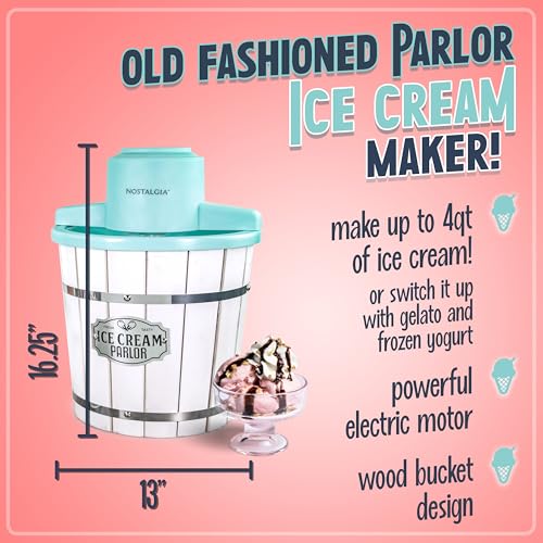 Nostalgia Electric Ice Cream Maker – Wood Bucket Parlor Style, Old Fashioned Soft Serve Ice Cream Machine Makes Frozen Yogurt or Gelato in Minutes - Fun Kitchen Appliance – White & Aqua - 4 Quart