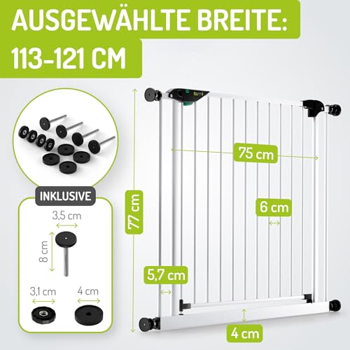 BOMI Hunde Türschutzgitter Mira | Ohne Bohren | Schließt automatisch | Hundetürschutzgitter und Baby Absperrgitter Weiss | Schutzgitter Tür zum Klemmen | Haustiergitter | Breite: 113-121 cm