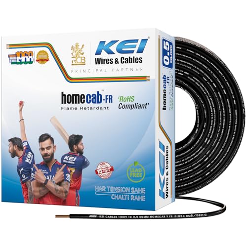 Image of KEI WIRES & CABLES Homecab 0.5 sqmm 1 Core Copper Flame Retardant House Wire PVC Insulated Cable for Domestic & Industrial Electrical Wiring (Black, 90 Meters)