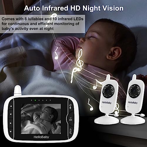 hellobaby baby monitor with 2 cameras baby monitor no wifi night vision 2-way audio remote pan amp tilt 2x zoom eco mode 8 lullabies sound activated screen