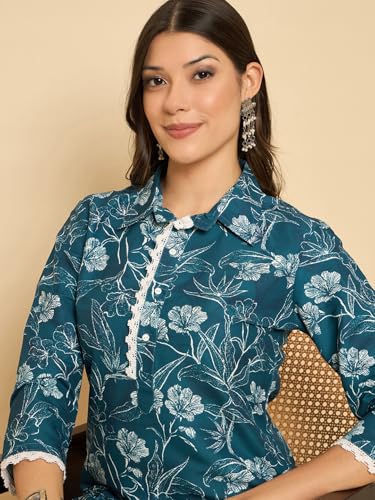 Image of SheWill Women Cotton Blend Floral Printed Straight Kurta with Mandarin Collar, Button Detailing, and 3 /4th Sleeves Paired with Matching Printed Pants