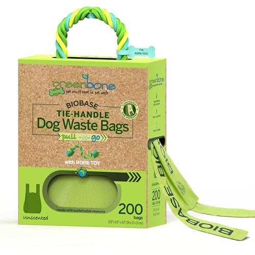 Image of Greenbone Poop Bags for Dogs with Handles Unscented with Bonus Rope Pet Toy, 200 Count on Single Roll, Plant Based