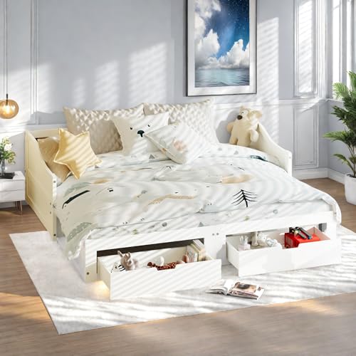 KeepGoon Sofá cama extensible 90/180 x 200 cm, cama de matrimonio, individual con extraíbles, con cajones, somier de láminas, madera maciza, sin colchón