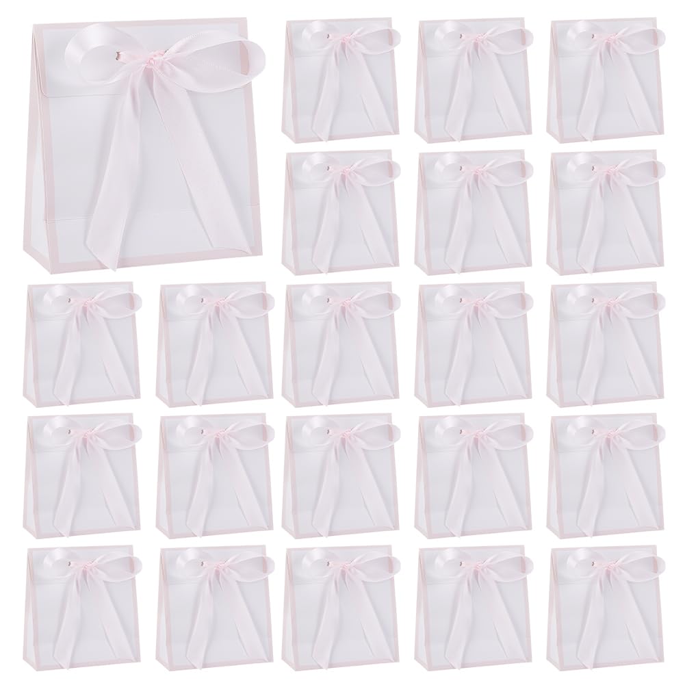 AHANDMAKER 24Pcs Small Gift Packing Bags with Ribbon 5.11 x 2.36 x 5.5 Inch Gift Bags Pink Treat Boxes for Birthday Wedding Baby Shower Christmas Store Retail Party Decorations
