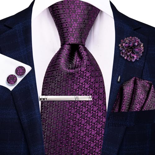 Image of Hi-Tie Plaid Dark Purple Silk Ties Set for Men Classic Neckties and Pocket Square Lapel Pin Silver Tie Clip Cufflinks Set Wedding Business 6PCS