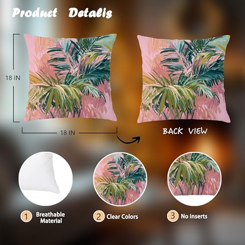 Image of Summer Pink and Green Tropical Palm Leaf Decorative Throw Pillow Cover Decor 18x18,Palm Leaf Botanical Decorative Lumber Beach Plant Throw Pillow Cover for Cabin Couch Double-Sided Set of 2