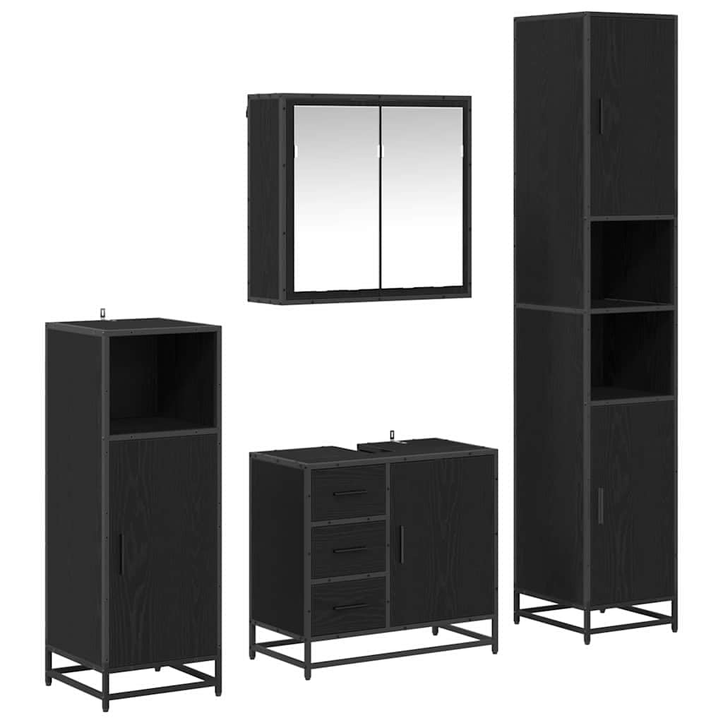 Set di mobili da bagno, 4 pezzi, nero, effetto rovere, materiale in legno
