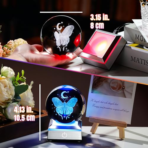 Image of 3D Crystal Butterfly Ball Gifts for Women, Gifts Ideas for Wife Mom Girlfriend Couple Her, Butterfly with Star Moon in Crystal Ball 3.15in with Colorful LED Light Base Home Office Decor