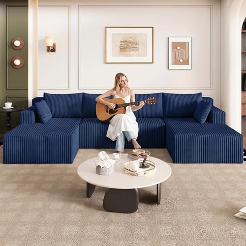 Image of 124 inch U-Shape Cloud Couch, Modern Modular Sectional U-Shape Sofa, Corduroy Boneless Couch Upholstered Couches Deep Seat Sleeper Chaise Longue for Living Room, No Assembly Required,Blue