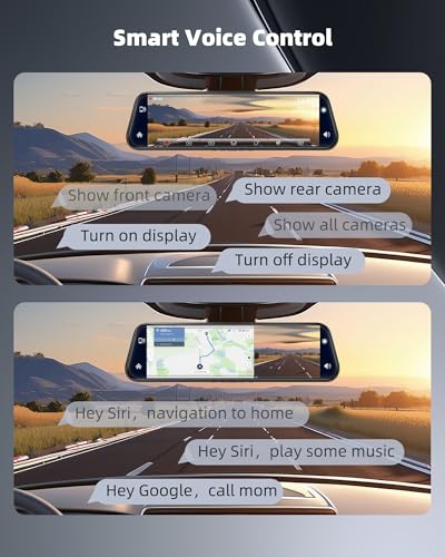 Smart Mirror Dash Cam with Carplay&Android Auto,10\" 2.5K Rear View Mirror Camera with Voice Control for Cars&Trucks, Touch Screen/WDR/Parking Monitor/Reverse Assist/64GB Card Included