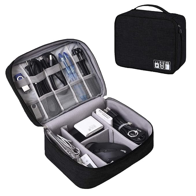 Waterproof Travel Gadget Bag with Foam Padding - Cable Organisers, Accessories Organizer, Gadget Organizer for Electronics, Cables, Chargers, Hard Disk, Power Bank-Black by Wishkey