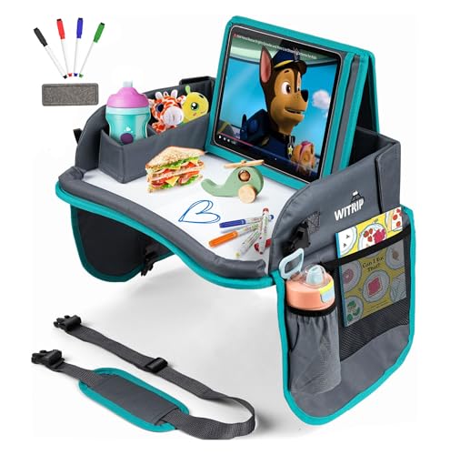 Image of Kids Travel Tray with Dry Erase Board WITRIP- Car Seat Tray for Kids Travel, Carseat Table Top for Toddler, Lap Desk for Car Seat, Activity Organizer & Snack Holder,Road Trip Essentials for Kid (Aqua)