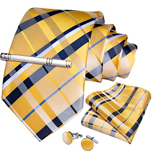 Image of DiBanGu Plaid Ties for Men Silk Checkered Necktie and Pocket Square Cufflinks Tie Clip Set with Gift Box for Wedding Business