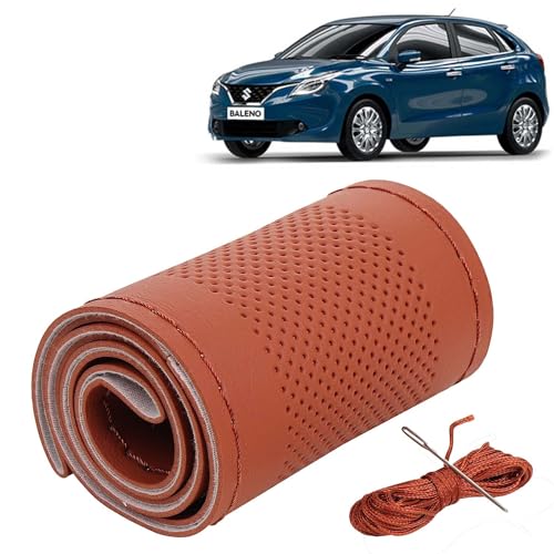 Image of KINGSWAY PU Leatherite Car Steering Cover Sewable Compatible with Maruti Suzuki Baleno (Year 2015-2018), Tan Color with Tan Thread, Pack of 1 with Sewing Needle and Thread