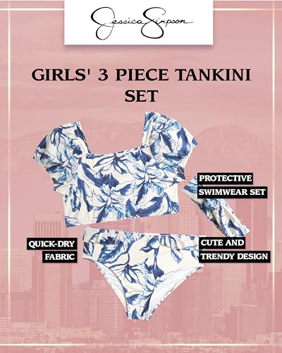 Jessica Simpson Girls Swimsuit Set - 3 Piece UPF 50+ Puff Sleeve Top, Bikini Bottom, Headband - Bathing Suit for Girls (S-XL)2