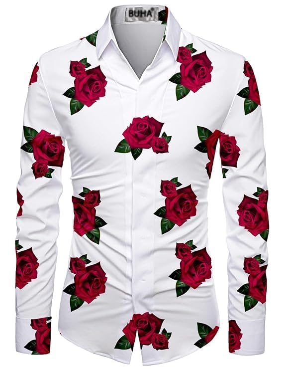 Cotton Blend Men’s Shirt Fabric – 2.25 M Unstitched, White Base with Red Rose Print, Ideal for Tailoring Custom Shirts