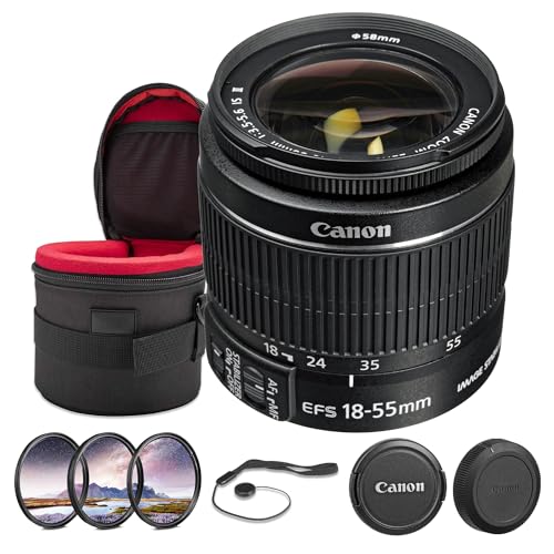 Canon EF-S 18-55mm f/3.5-5.6 is II Lens Bundle | APS-C Zoom with Optical Image Stabilization, Lightweight Design & Versatile Focal Range | for Travel & Everyday Photos (2042B002) + Filter Kit + More