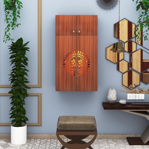 Image of Anikaa OMYA Engineered Wood Home Temple Wall Mount & Floor Standing Wooden Modern Pooja Mandir with LED Light, Om Laser Cut Design | Storage Cabinet with Hinge Doors (Walnut, DIY Installation)