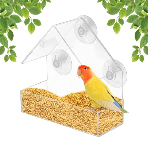 WUBAYI Clear Acrylic Bird Feeder - House Shape Design with 4 Suction Cups for Window, Garden, Outdoor, Backyard, Little Birds