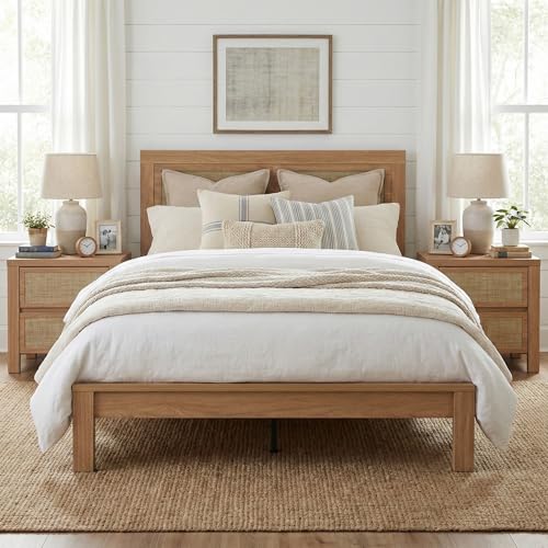 XIAO WEI Boho Queen Wood Bed Frame with Tall Rattan Headboard, Wooden...