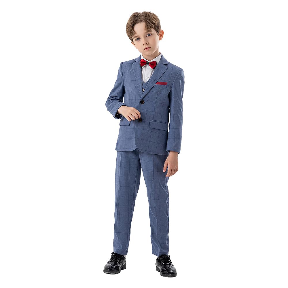 Generic Boys 6 Pcs Set Formal Plaid Suits Wedding Christening Dresswear Birthday Party Baptism Outfits with Bow Tie Light Blue for 5-6